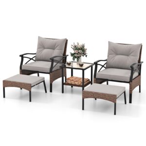 happygrill 5 pieces patio conversation set, outdoor wicker furniture set with armchairs, 2-tier coffee table, 2 ottomans and cushions, rattan outdoor chair set for backyard, front porch, poolside