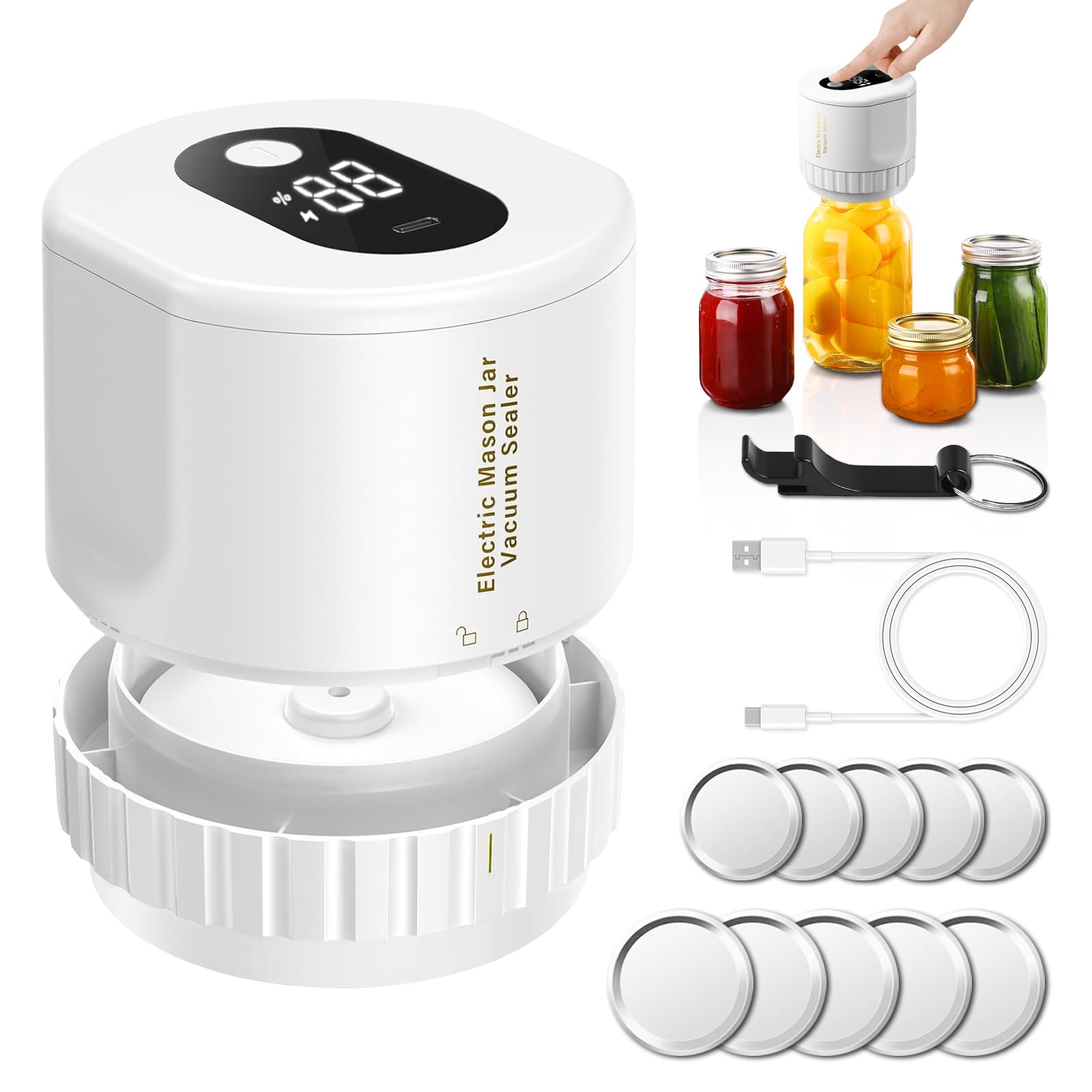 Mason jar Vacuum Sealer, Electric Mason Jar Vacuum Sealer Kit for Wide Mouth & Regular Mouth Mason Jars,for Food Storage and Fermentation (White)