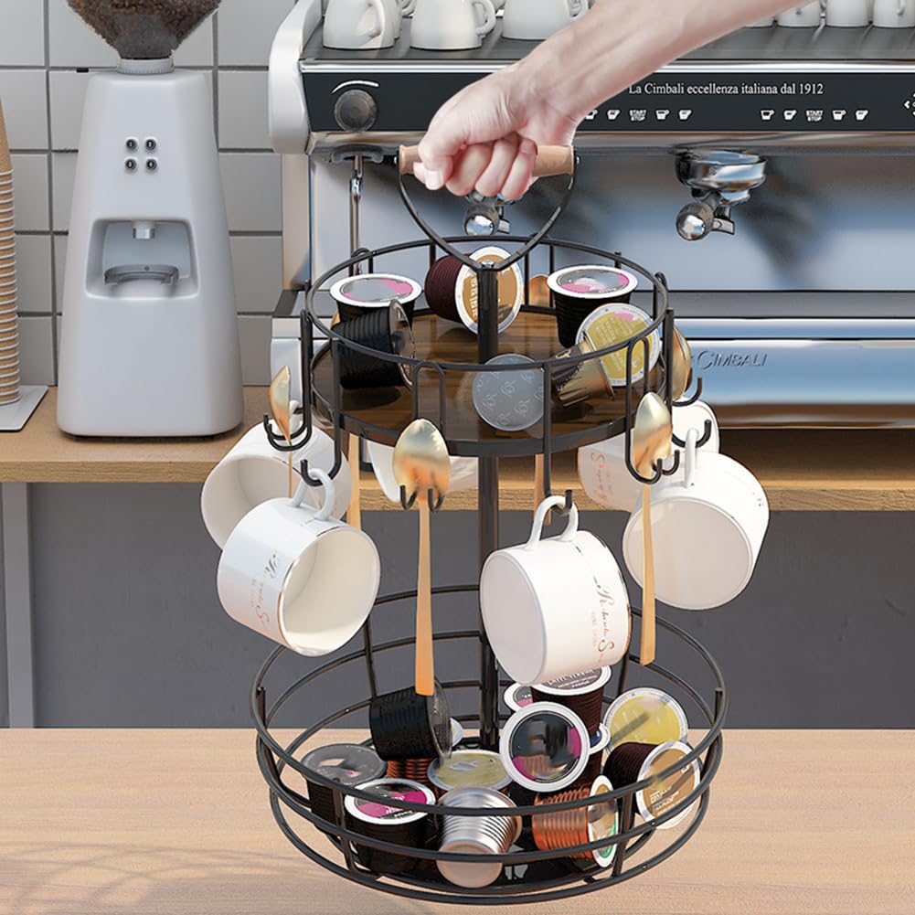 Coffee Mug Holder, 360 Degree Rotatable Mug Tree Stand, 2 Tiers Handle Coffee Cup Holder with 10 Mug Hooks, Coffee Pod Holder with Cup Pods, Saucer Basket Storage & Handle for Kitchen Coffee Bar