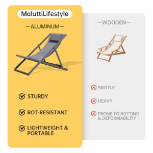 MaluttiLifestyle Outdoor Reclining Lounge Chairs and Aluminum Table, Set of 2 Rust-Proof Lightweight Foldable Patio Sling Chairs Adjustable Lounge Chairs with Aluminum Frames and Headrest, Gray