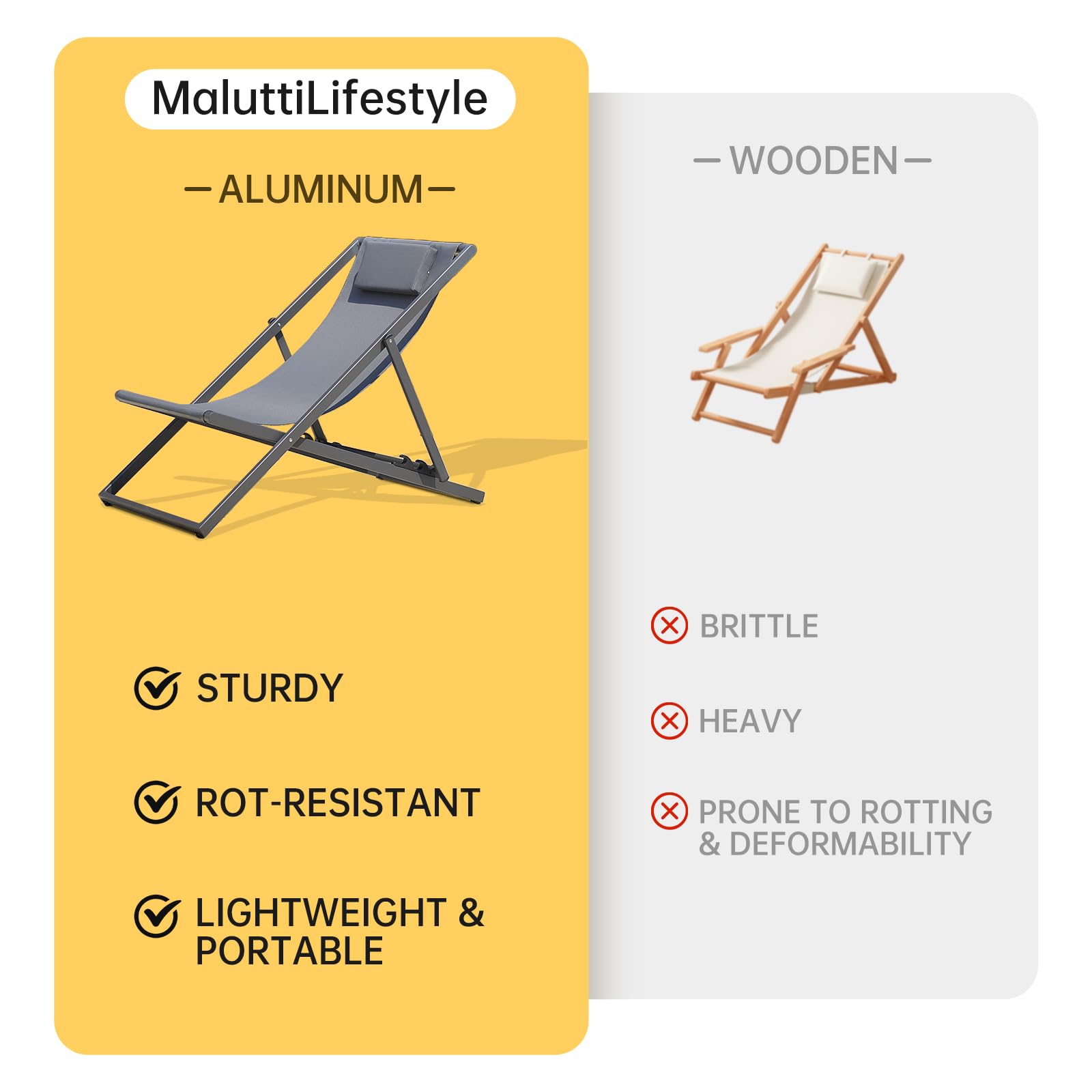 MaluttiLifestyle Outdoor Reclining Lounge Chairs and Aluminum Table, Set of 2 Rust-Proof Lightweight Foldable Patio Sling Chairs Adjustable Lounge Chairs with Aluminum Frames and Headrest, Gray