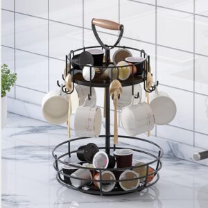 Coffee Mug Holder, 360 Degree Rotatable Mug Tree Stand, 2 Tiers Handle Coffee Cup Holder with 10 Mug Hooks, Coffee Pod Holder with Cup Pods, Saucer Basket Storage & Handle for Kitchen Coffee Bar