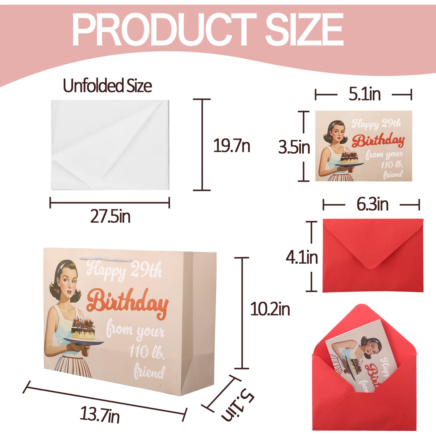 Pandecor 13" Birthday Gift Bag with Card and Tissue Paper for Friends Funny Birthday Present,Happy 29th Birthday from Your 110lb. Friend (gift bag)