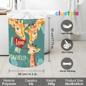 Clastyle 45L Large Green Giraffe Family Kid Laundry Hamper with Handle Collapsible Animal Love Clothes Toy Storage Basket with Lid for Nursery