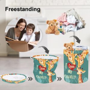 Clastyle 45L Large Green Giraffe Family Kid Laundry Hamper with Handle Collapsible Animal Love Clothes Toy Storage Basket with Lid for Nursery