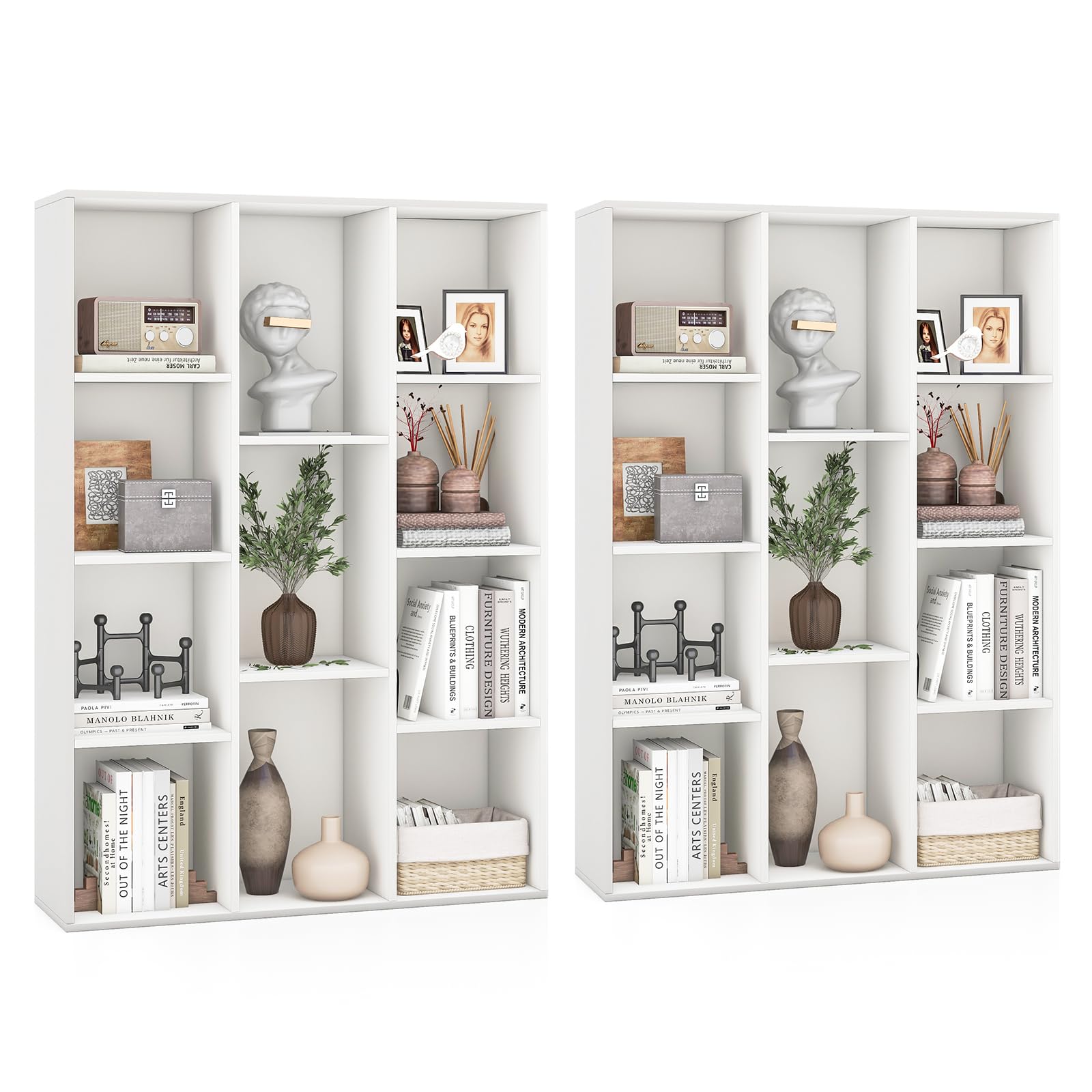 Tangkula 11-Cube Bookcase, Modern Freestanding White Geometric Bookshelf, Multifunctional Book Storage Organizer Display Cabinet with Anti-Tipping Kits for Living Room Study Office (2, White)