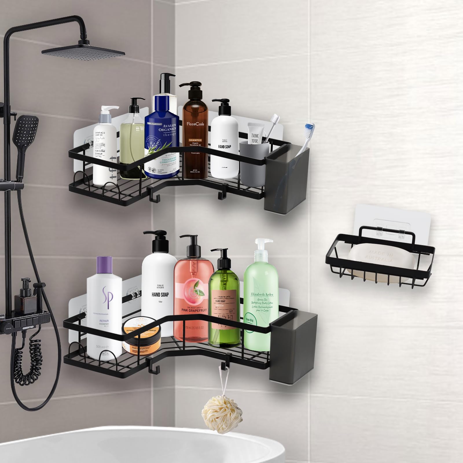 Adhesive Corner Shower Caddy, 2 Packs Shower Organizer Shelves No Drilling Stainless Steel Shower Storage Rack with Hooks & 2pcs Toothpaste Holders for Bathroom Rustproof, Space Saving (Black 5pcs)