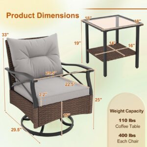 Tangkula Outdoor Swivel Rocking Chairs Set, 360 Degree Patio Cushioned Rocker Chairs with 2-Tier Tempered Glass Side Table, for Garden, Poolside, Backyard