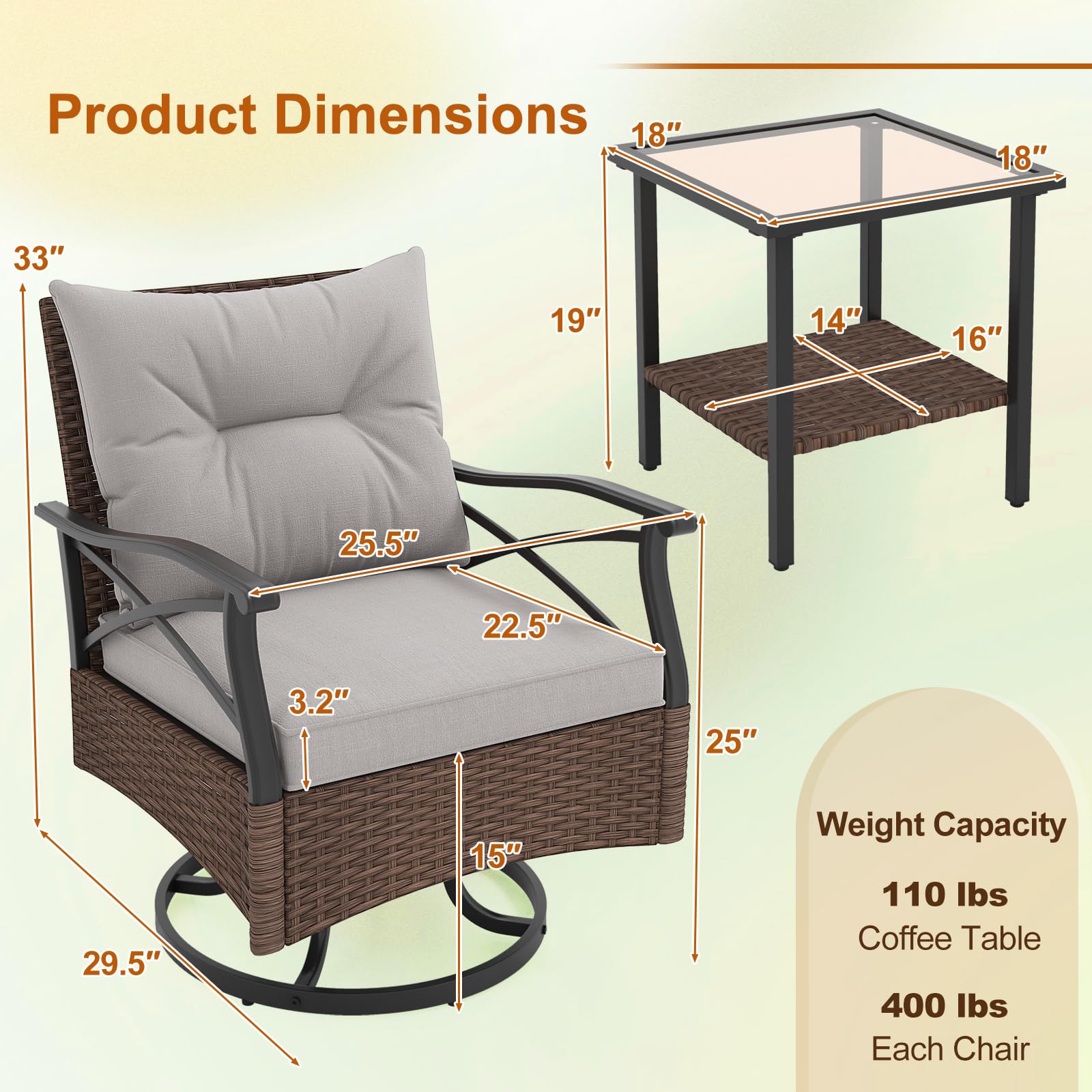 Tangkula Outdoor Swivel Rocking Chairs Set, 360 Degree Patio Cushioned Rocker Chairs with 2-Tier Tempered Glass Side Table, for Garden, Poolside, Backyard