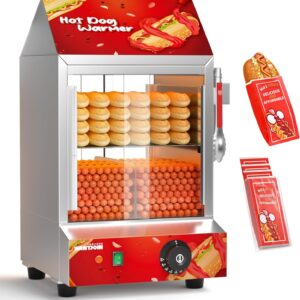 WantJoin Hot Dog Steamer, 2 Tiers Electric Hot Dog Steamer with Bun Warmer 27 L/24.52 QT, Visuable Glass Slide Doors Suit for 175 Hot Dogs and 40 Buns, Red