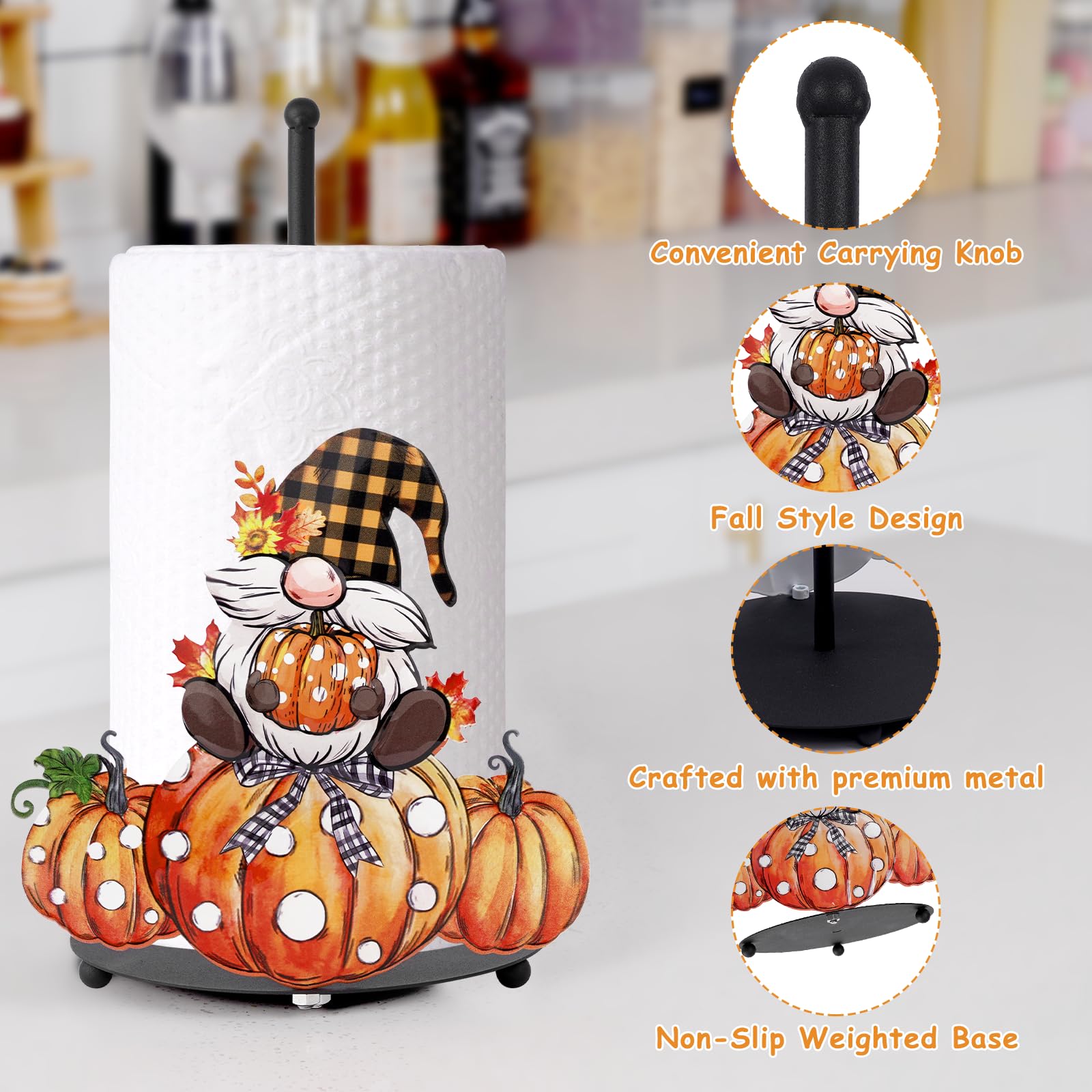 Thanksgiving Paper Towel Holder,Fall Kitchen Decor,Fall Bathroom Decorations with Pumpkin Gnomes Decor Accessories,Autumn Large Metal Towel Holder Stand for Countertop