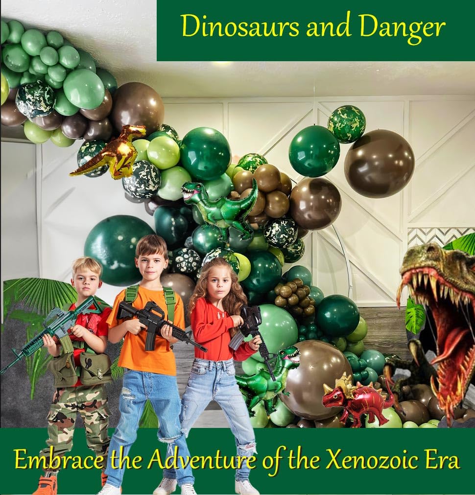 Dinosaur Balloon Arch Garland Kit 117 Pcs Dark Green Sage Green Brown Dinosaur Foil Balloons for Kids Boys Jungle Safari Dinosaur Theme Party Baby Shower Decoration Supplies