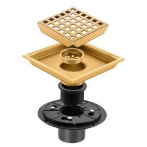 Shower Drain, Brushed Gold 4 inch Shower Floor Square Drain with Flange, Removeable Grid Panel SUS 304 Stainless Steel Square Shower Drain