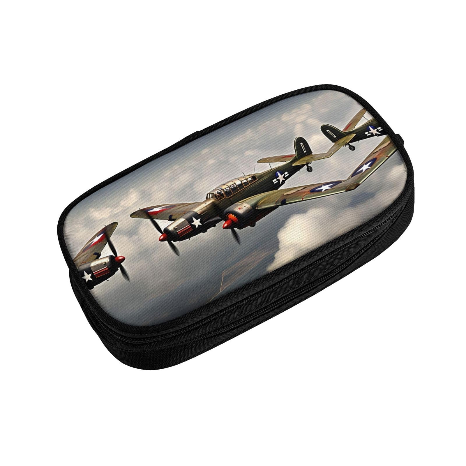 NOUZU World War 2 Aircraft Airplane Print Large Pencil Case Pouch With Zipper Adults Office Travel Stationery Makeup Bag, Black, RXZER23