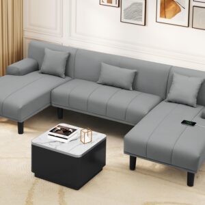 YITAHOME Sectional Couches for Living Room, U Shaped Sofa Faux Leather Modern Modular Couch with USB & Type C Charging Ports Double Chaise and Comfy Upholstered, Dark Grey