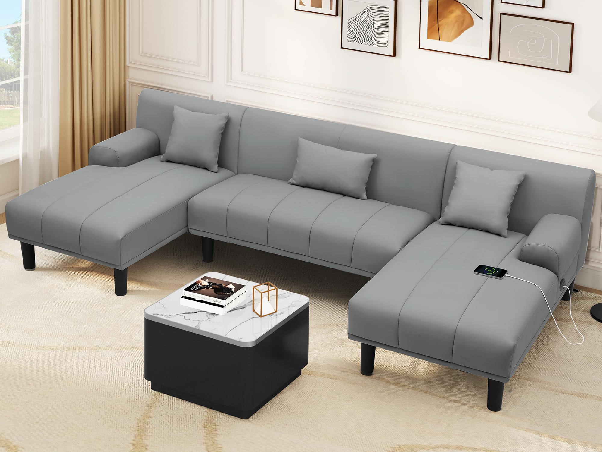 YITAHOME Sectional Couches for Living Room, U Shaped Sofa Faux Leather Modern Modular Couch with USB & Type C Charging Ports Double Chaise and Comfy Upholstered, Dark Grey