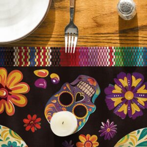 Artoid Mode Flowers Sugar Skull Mexican Day of The Dead Table Runner, Dia De Los Muertos Kitchen Dining Table Decoration for Home Party Decor 13x72 Inch