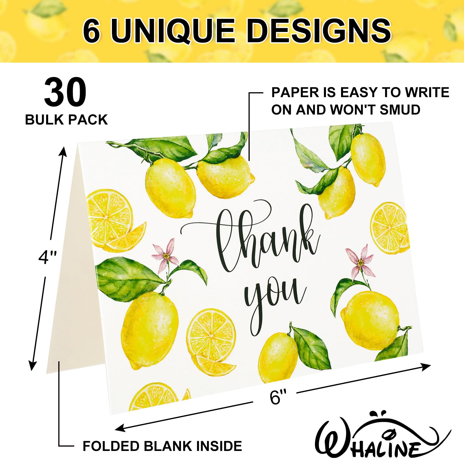 Whaline 30 Pack Lemon Thank You Cards with Envelopes Stickers White Yellow Fruit Greeting Cards Lemonade Blank Note Cards for Baby Shower Wedding Birthday Bridal Party, 4 x 6 Inch