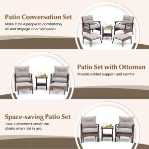 Tangkula 5 Pieces Wicker Patio Furniture Set, Outdoor Rattan Chairs with Ottomans, Cushions and 2-Tier Tempered Glass Side Table, Patio Conversation Bistro Set for Garden, Porch, Balcony