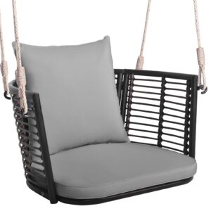 tangkula outdoor metal porch swing, single person hanging seat w/woven rattan backrest, 2 sturdy hanging ropes, seat & back cushions included, heavy-duty swing chair for front porch, backyard (grey)