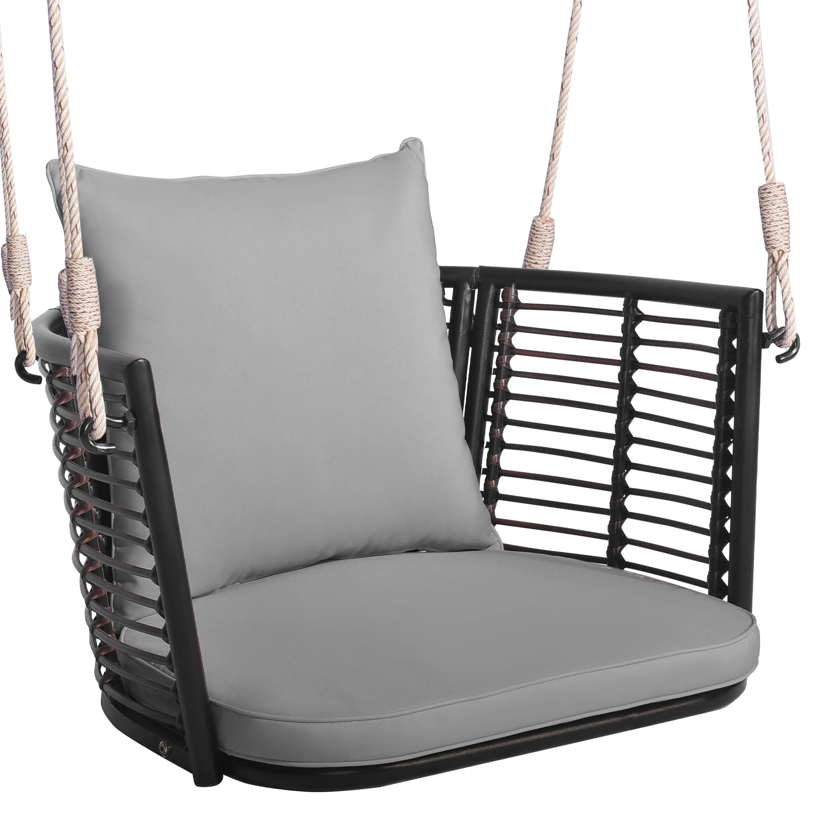 Tangkula Outdoor Metal Porch Swing, Single Person Hanging Seat w/Woven Rattan Backrest, 2 Sturdy Hanging Ropes, Seat & Back Cushions Included, Heavy-Duty Swing Chair for Front Porch, Backyard (Grey)