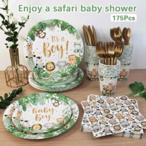 175Pcs Safari Baby Shower Decorations Plates Set, Jungle Theme Zoo Animals Plates Napkins Cups and Cutlery for 25 Guests