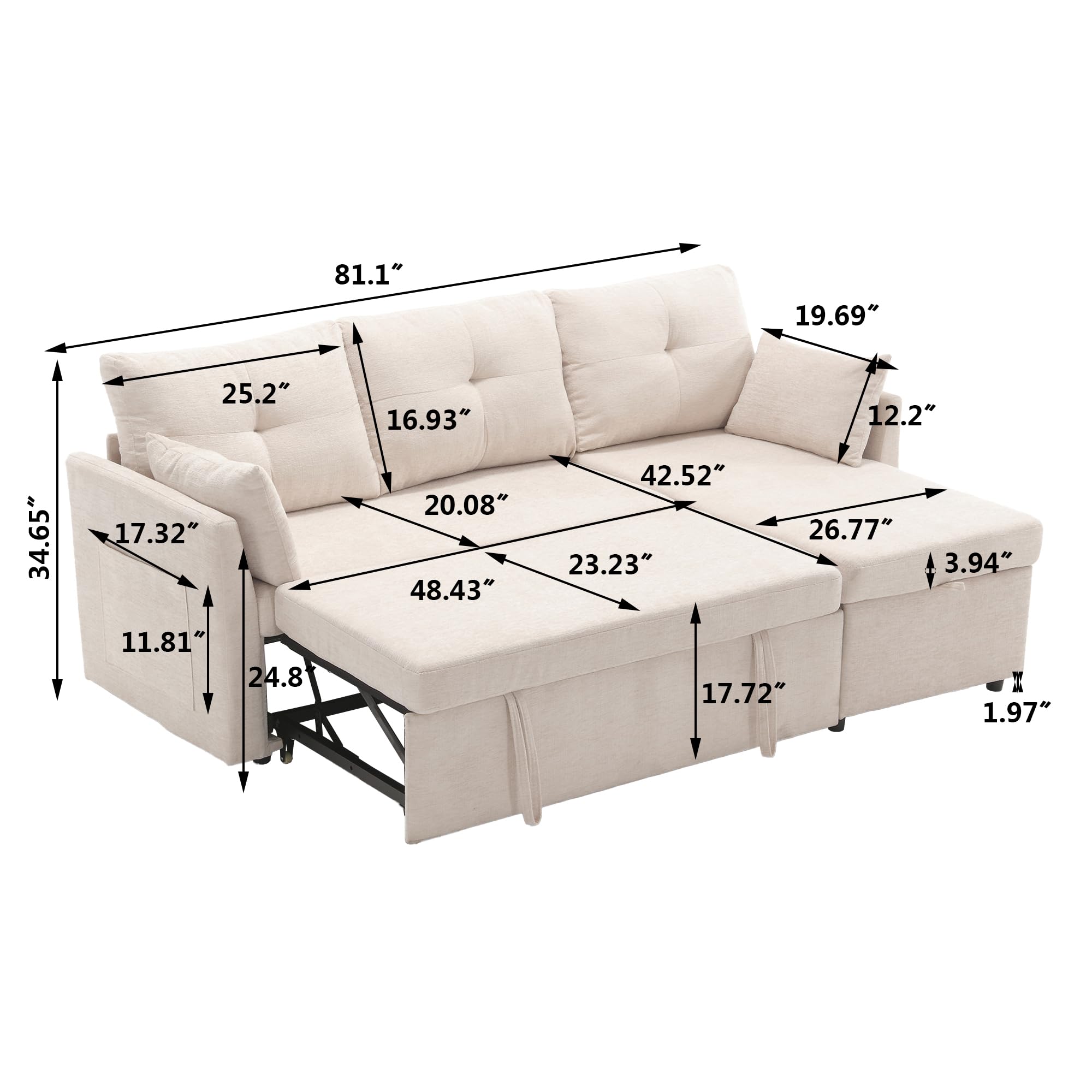 Vliekcy Sectional Sleeper Sofa Bed,Convertible Pull Out Couch with Storage Chaise Lounge, Upholstered L Shape Sofa with 2 Pillows, Comfortable Velet Fabric Couches for Living Room, Beige