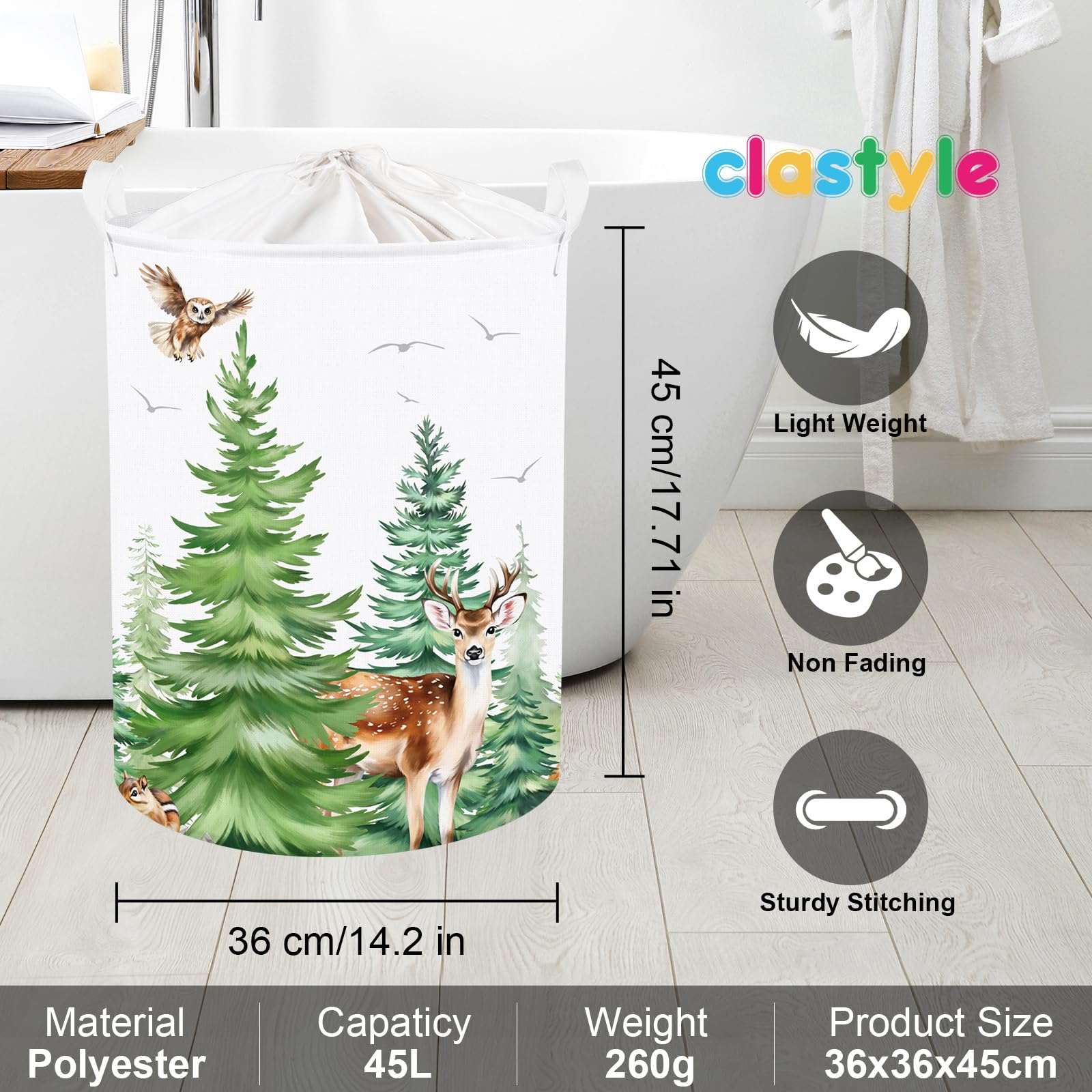 Clastyle 45L Large Green Pine Tree Deer Owl Kid Laundry Hamper with Handle Collapsible Forest Hedgehog Raccoon Clothes Toy Storage Basket with Lid for Nursery