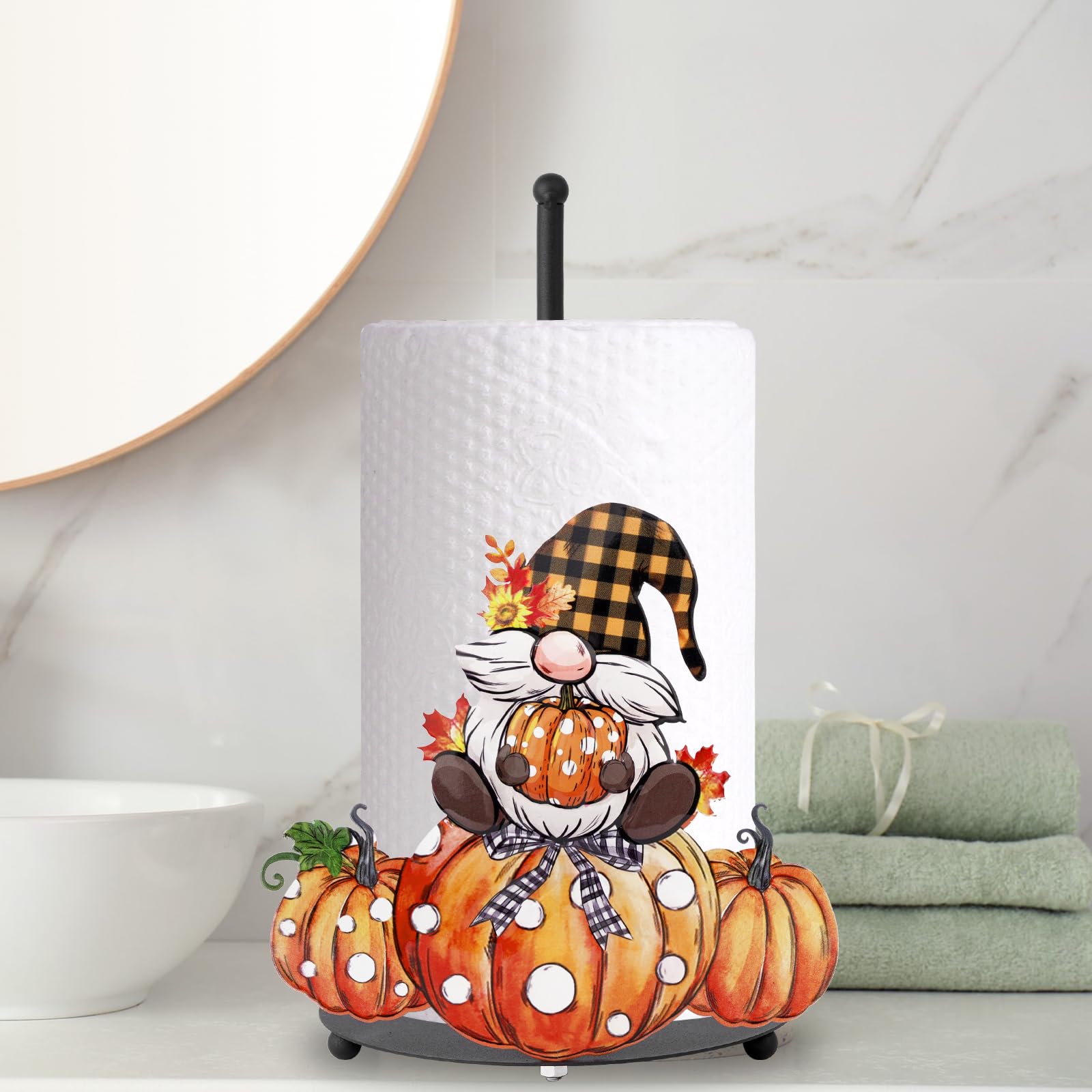 Thanksgiving Paper Towel Holder,Fall Kitchen Decor,Fall Bathroom Decorations with Pumpkin Gnomes Decor Accessories,Autumn Large Metal Towel Holder Stand for Countertop