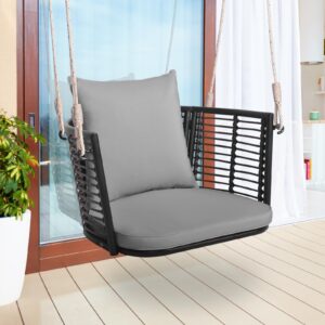 Tangkula Outdoor Metal Porch Swing, Single Person Hanging Seat w/Woven Rattan Backrest, 2 Sturdy Hanging Ropes, Seat & Back Cushions Included, Heavy-Duty Swing Chair for Front Porch, Backyard (Grey)