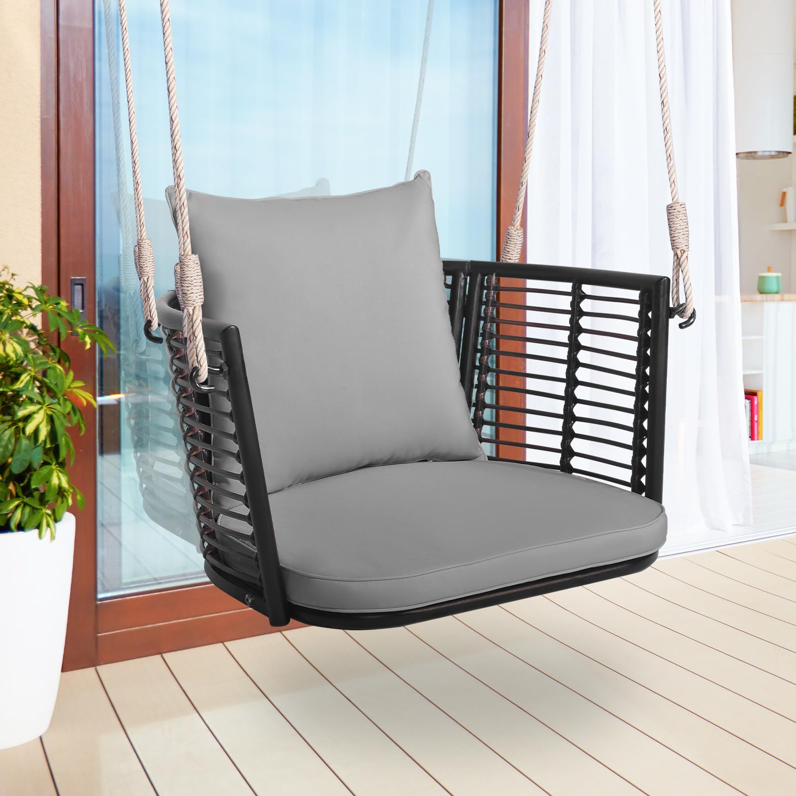 Tangkula Outdoor Metal Porch Swing, Single Person Hanging Seat w/Woven Rattan Backrest, 2 Sturdy Hanging Ropes, Seat & Back Cushions Included, Heavy-Duty Swing Chair for Front Porch, Backyard (Grey)