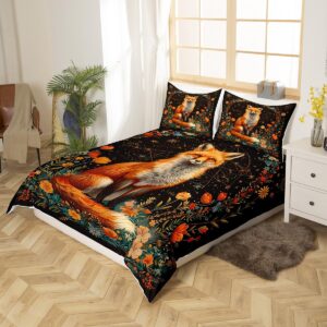 3D Fox Duvet Cover Set King Size,Twelve Constellations Botanical Comforter Cover 3Pcs,Flower Green Leaves Bedding Set for Kids Boys Teens Girls Room Decor,Wild Animal Bedspreads Cover,2 Pillowcases