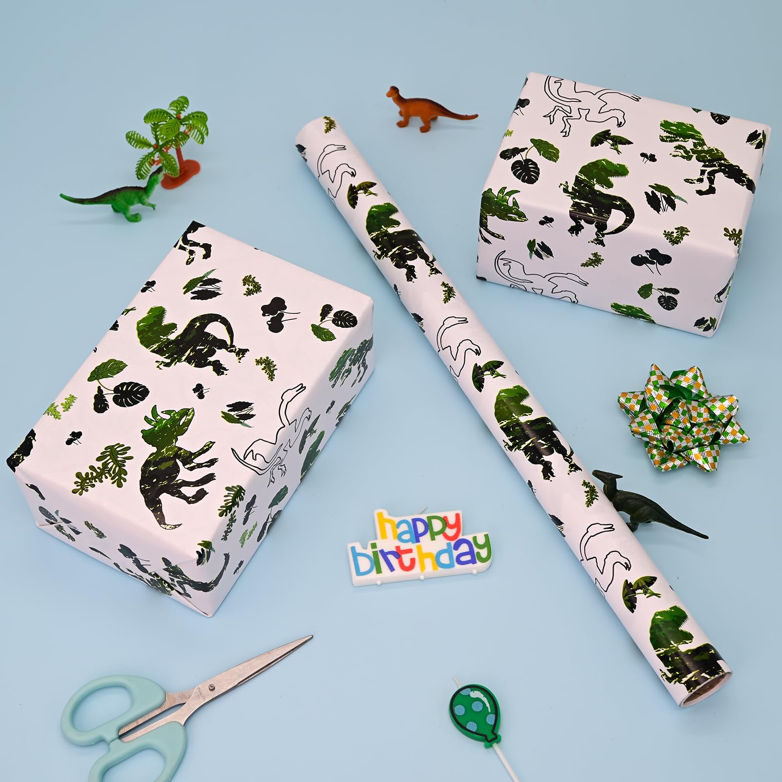 Vnaaem Dinosaur Wrapping Paper Roll with Cutlines on Reverse - 17 Inch X 33 Feet - Birthday Wrapping Paper Kids Boy Jungle Dinosaur Gift Wrap Paper Dinosaur Party Favor Happy Birthday Wrapping( 1 Roll)