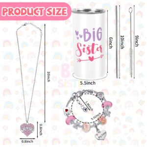 CIXICM 3 Pcs Big Sister Gift 12 oz Pink Sister Cup Stainless Steel Mug Vacuum Insulated Tumbler with Leak Proof Lid and Straw Sister Bracelet Sister Announcement Jewelry for Little Girl