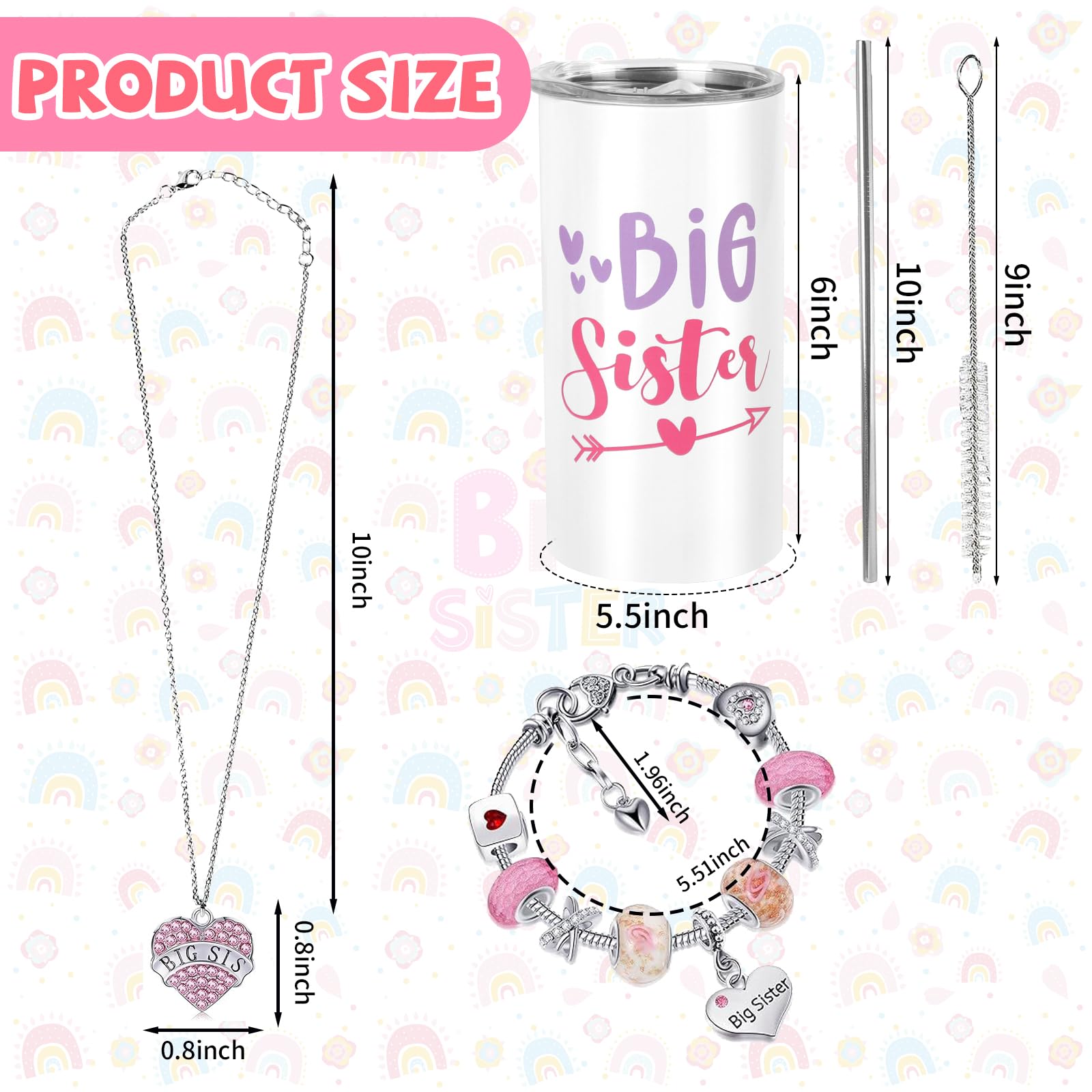 CIXICM 3 Pcs Big Sister Gift 12 oz Pink Sister Cup Stainless Steel Mug Vacuum Insulated Tumbler with Leak Proof Lid and Straw Sister Bracelet Sister Announcement Jewelry for Little Girl