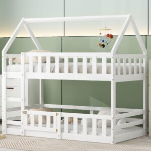 lukeehom bunk bed twin over twin house bunk bed with fence and door wood floor bunk bed for boys girls teens, no box spring, easy assembly