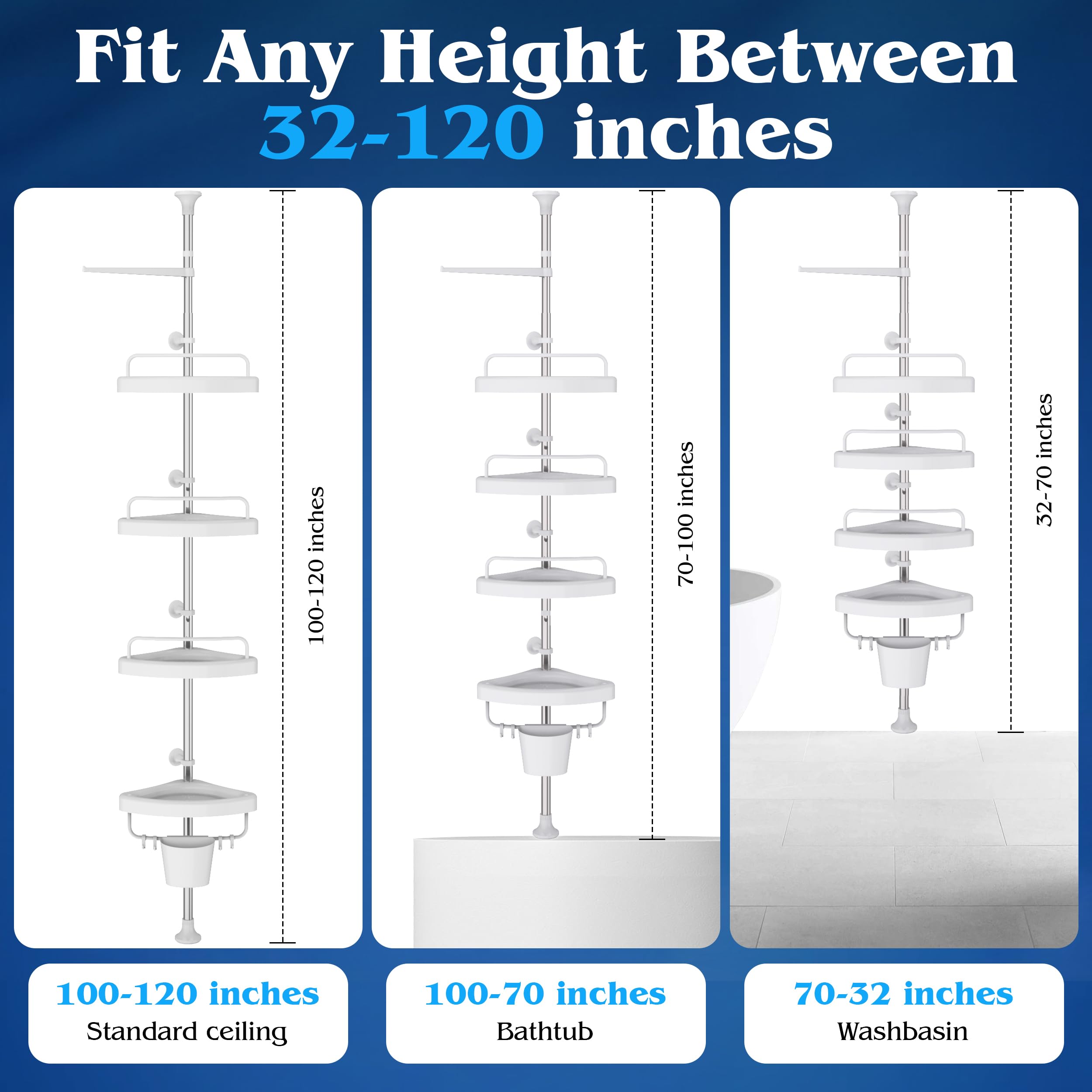 EliteCart Rust Proof Shower Caddy Corner Tension Pole – Adjustable Height (32-120 inch), 4 Tier Shelf Bathtub Organizers and Storage – Includes Towel Rack, Tooth Brush Holder and Suction Cups (White)