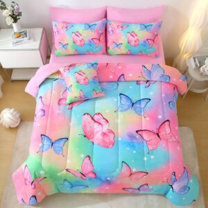 JQinHome 6 Pc Butterfly Comforter Set Twin,3D Rainbow Butterfly Bedding Set for Girls Women,All Season Microfiber Butterfly Design Bedding Collection with Pillowcase, Flat & Fitted Sheet (Rainbow)