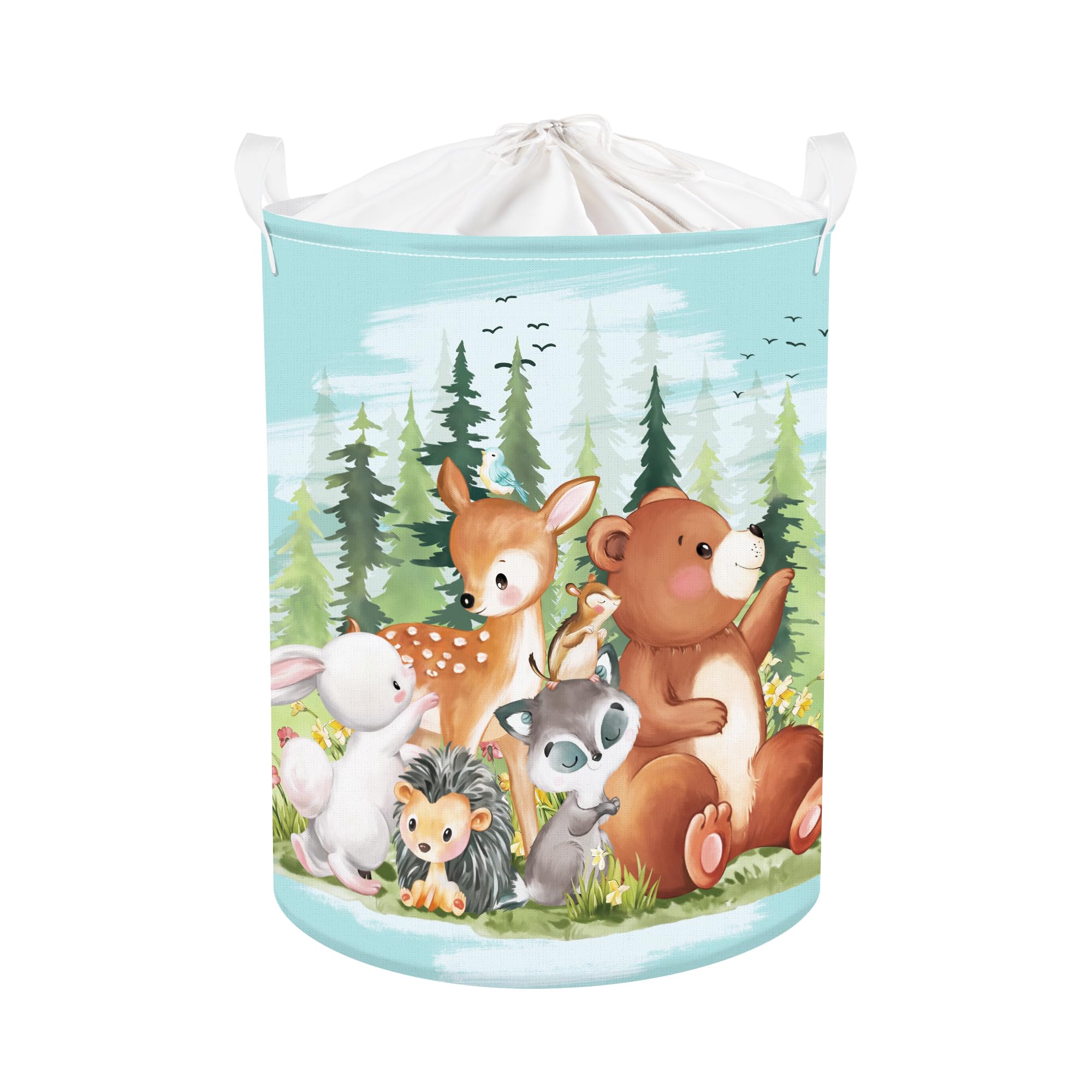 Clastyle 45L Large Blue Jungle Animal Fox Deer Kid Laundry Hamper with Handle Collapsible Rabbit Bear Hedgehog Clothes Toy Storage Basket with Lid for Nursery