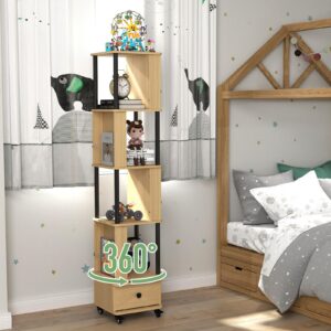 YAGEANNL 4 Tier Rotating Bookshelf with Wheel, 59" Tall Spinning Bookshelf Tower for Kids, Swivel Revolving Bookcase with Drawer Small Corner Bookshelf for Bedroom Library Classroom Narrow Space