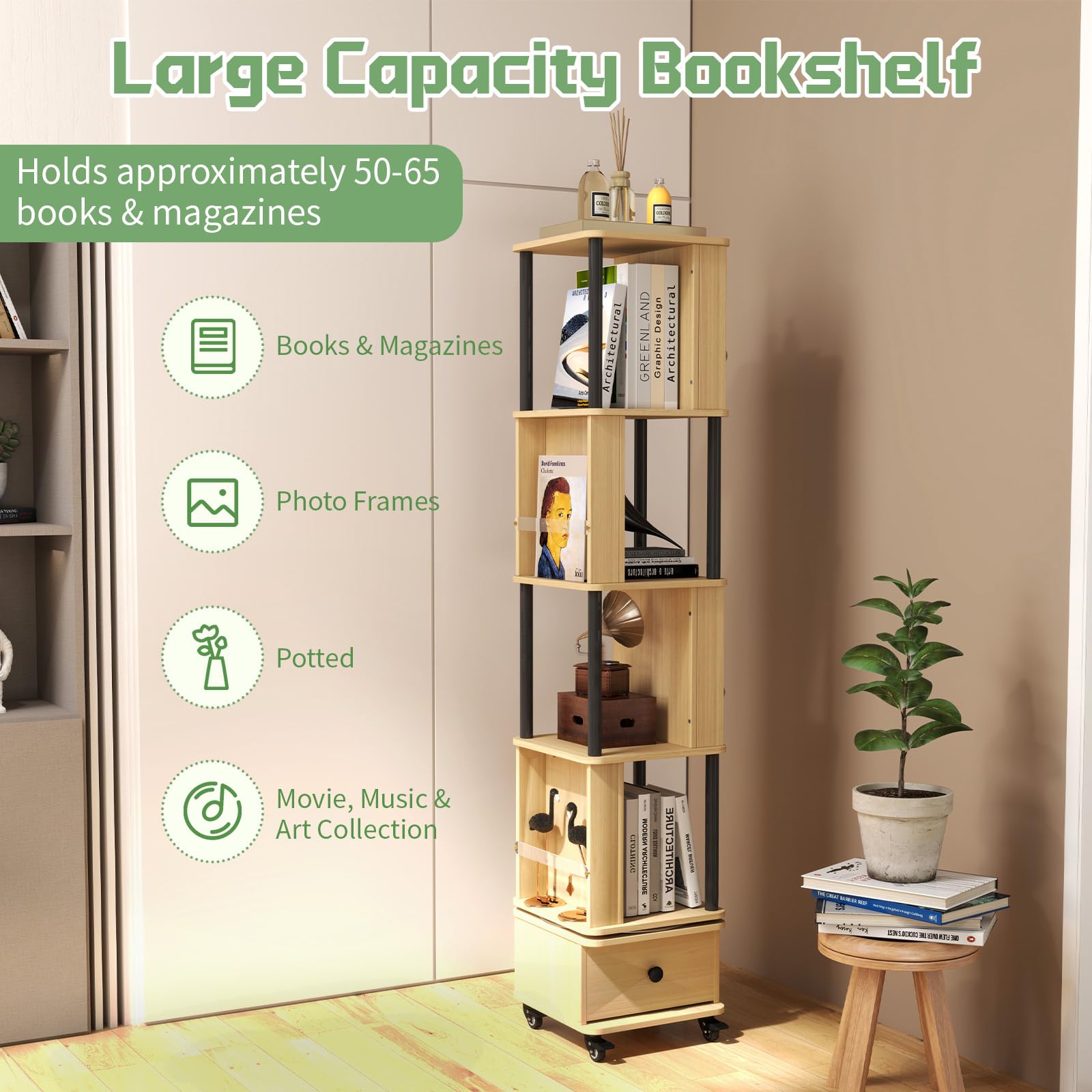 YAGEANNL 4 Tier Rotating Bookshelf with Wheel, 59" Tall Spinning Bookshelf Tower for Kids, Swivel Revolving Bookcase with Drawer Small Corner Bookshelf for Bedroom Library Classroom Narrow Space