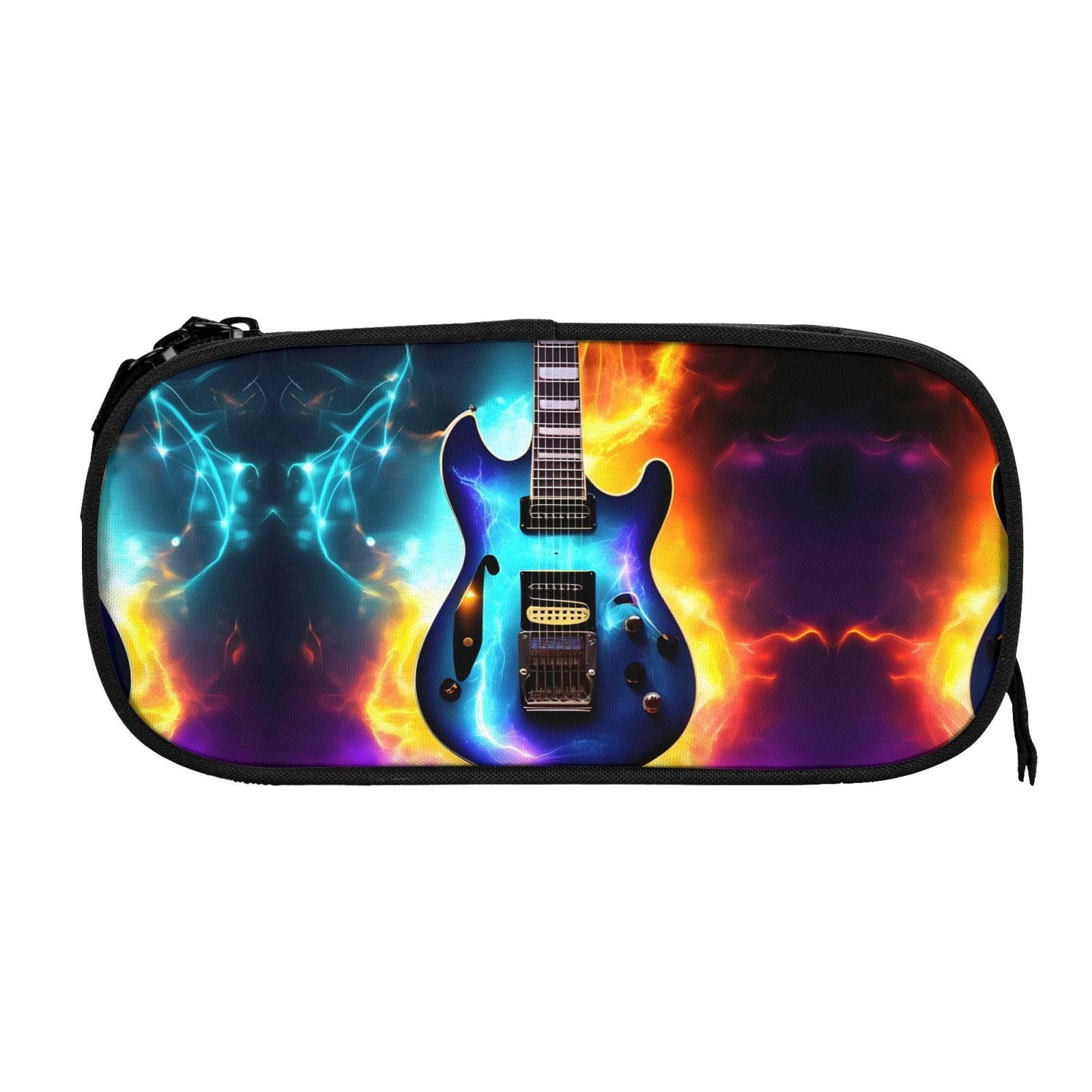 NOUZU Magic Electric Guitar Print Large Pencil Case Pouch With Zipper Adults Office Travel Stationery Makeup Bag, Black, RXZER23