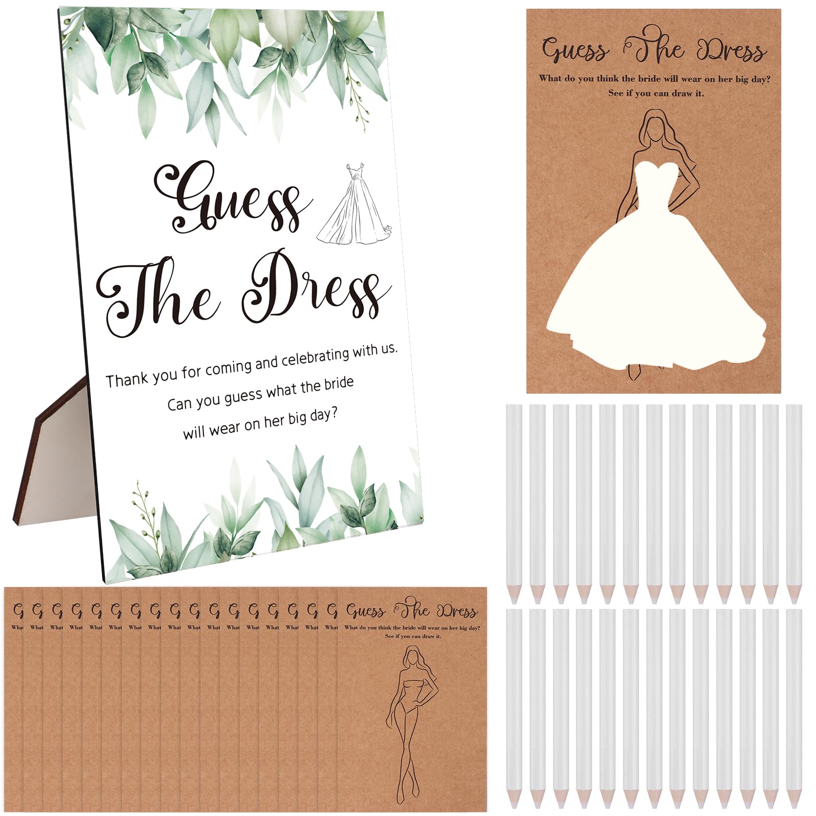 Furbeko 60 Set Guess The Dress Bridal Shower Games for Guests Include Guess The Dress Bridal Shower Game Table Sign Card White Sketching Pencils for Wedding Bridal Shower Games Party Supplies