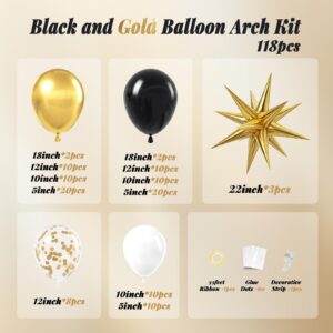 Black and Gold Balloons Garland Arch Kit, Black and Gold Party Decorations with Black White Balloons Gold Confetti Latex Balloons for 2024 Graduation Decorations Anniversary Birthday Party Decorations