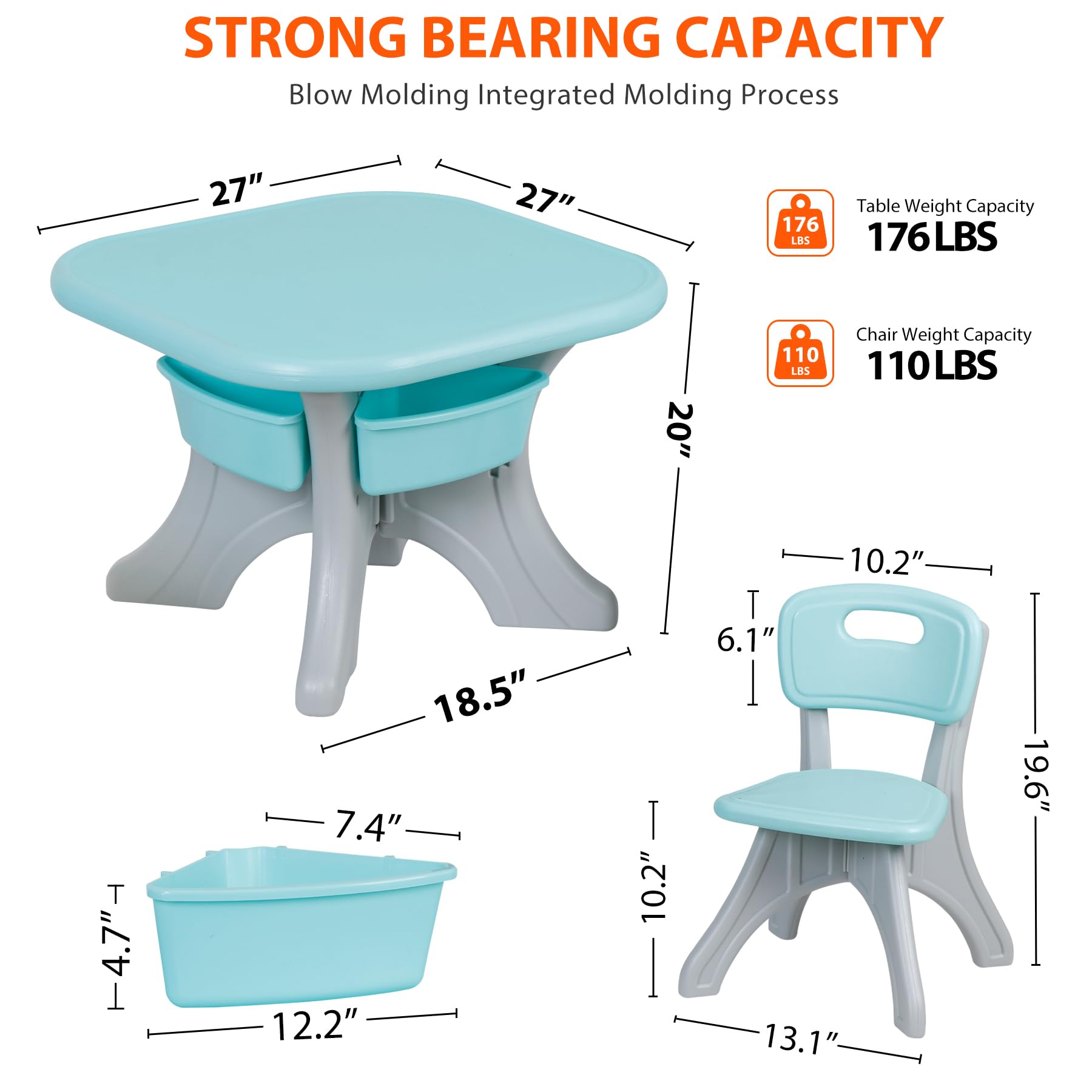 SUPER DEAL Kids Table and Chairs Set 3 Piece Plastic Children Activity Table with 4 Detachable Toy Storage Bins for Arts, Crafts, Snack Time and More, Safety Round Corners, Green