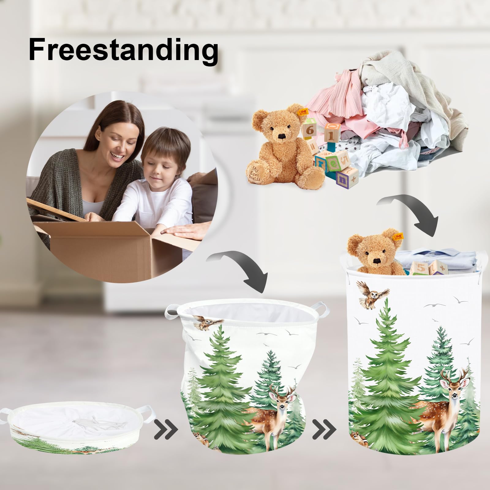 Clastyle 45L Large Green Pine Tree Deer Owl Kid Laundry Hamper with Handle Collapsible Forest Hedgehog Raccoon Clothes Toy Storage Basket with Lid for Nursery