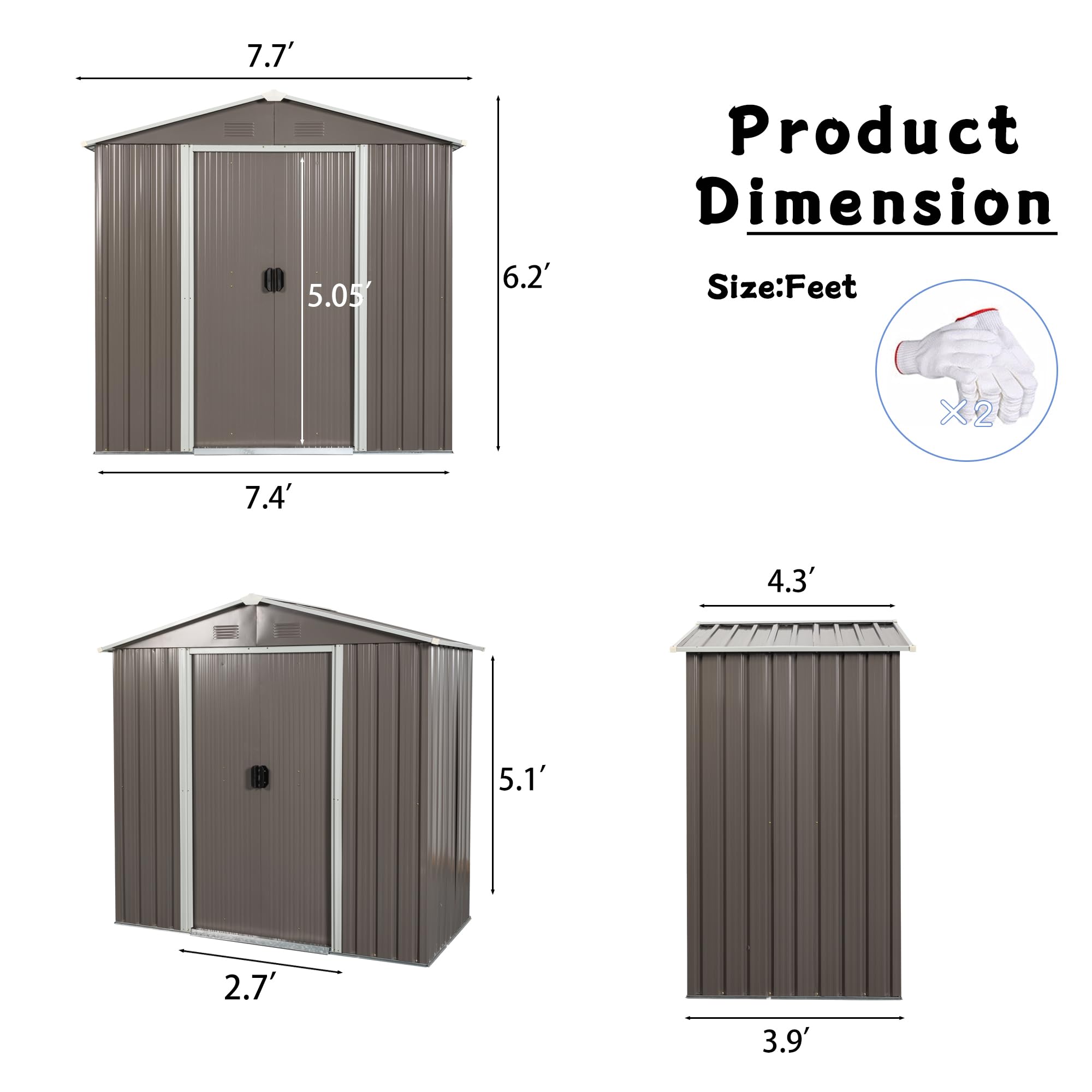 Luxo Abode 8x4 FT Outdoor Storage Clearance & Metal Sheds, Backyard Tool House with Air Vent and Double Lockable Doors, Weatherproof Storage Box, for Garden, Lawn, Patio, Gray