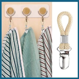 4Pcs Braided Cotton Loop Metal Towel Clips Portable Traveling Clothespins Clip for Indoor Outdoor Clothesline Drying Towel Clips for Hanging On Wall