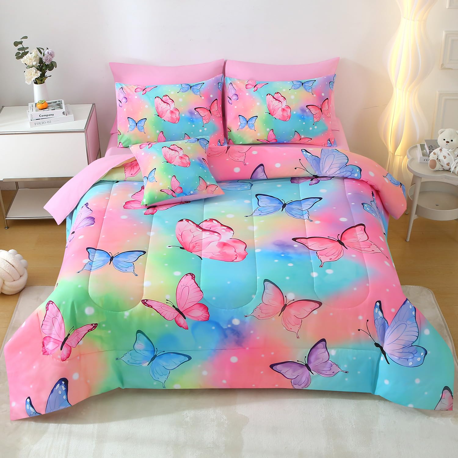 JQinHome 6 Pc Butterfly Comforter Set Twin,3D Rainbow Butterfly Bedding Set for Girls Women,All Season Microfiber Butterfly Design Bedding Collection with Pillowcase, Flat & Fitted Sheet (Rainbow)