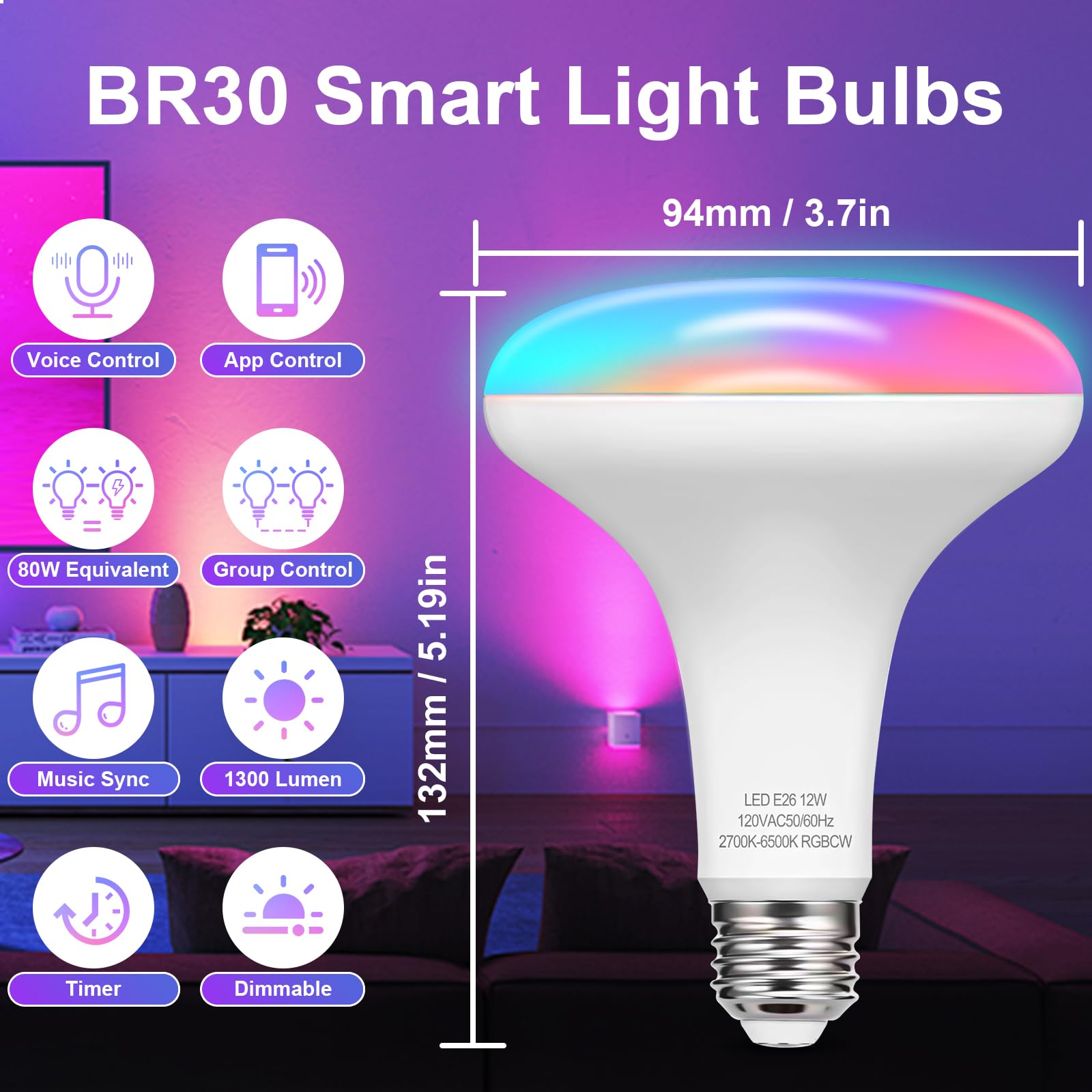 AUIOMUTO Smart Light Bulbs, Dimmable BR30 Color Changing Light Bulbs, E26 LED Flood Light 1300LM 13W (Equivalent 100W), Work with Alexa/Google Home/SmartThings, Music Sync Light Bulb 2.4G WiFi only